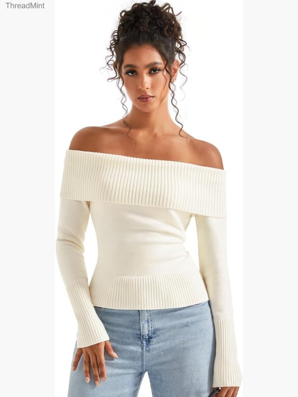 Off Shoulder Long Sleeve Ribbed Knit Sweater Pullover Going Out Top